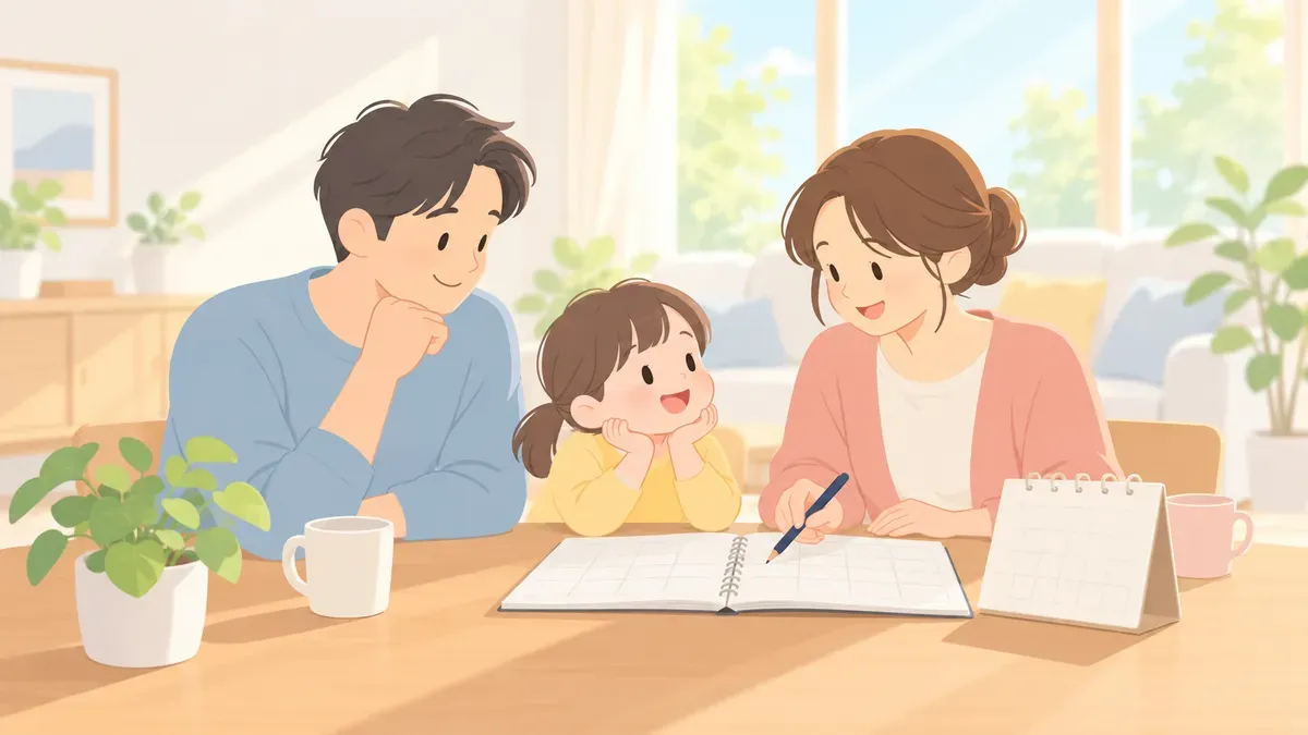 食卓で子どもの将来のお金について話し合う親子のやさしいイラスト