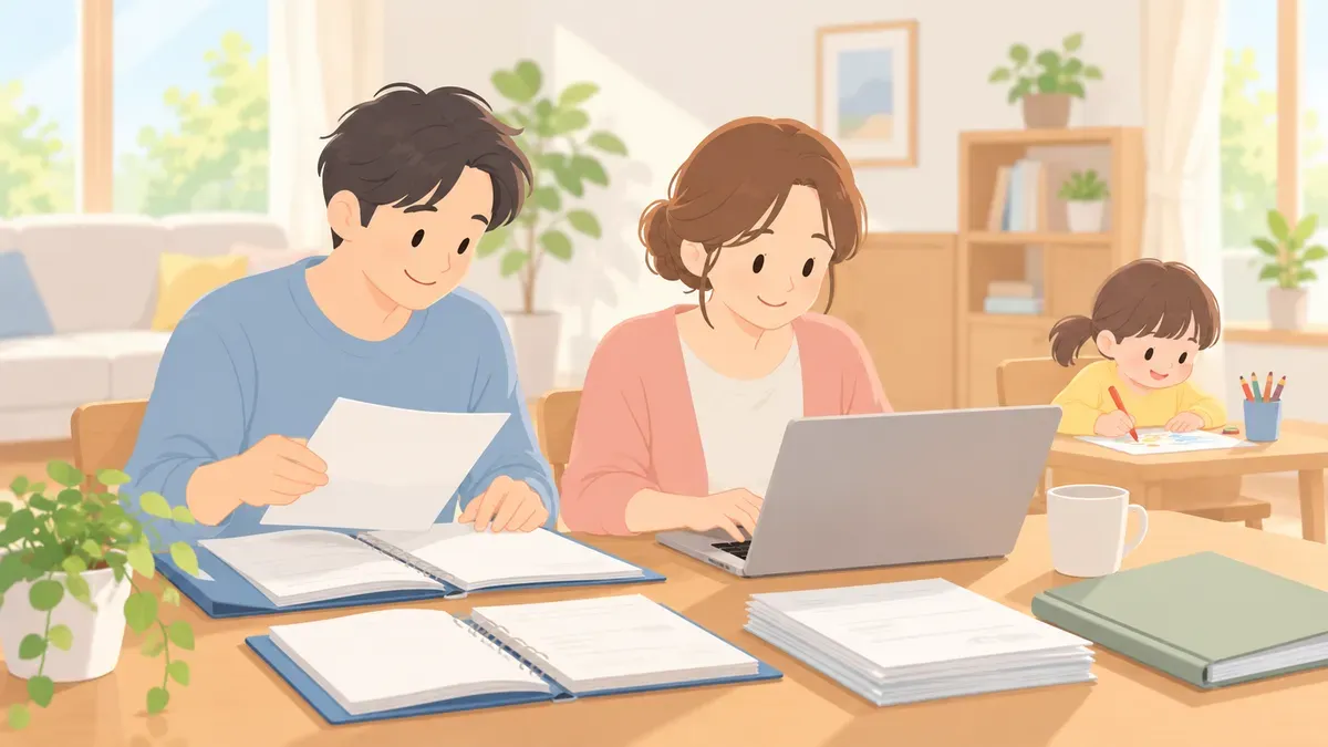 書類を整理しながらパソコンで手続きの準備を進める親の様子